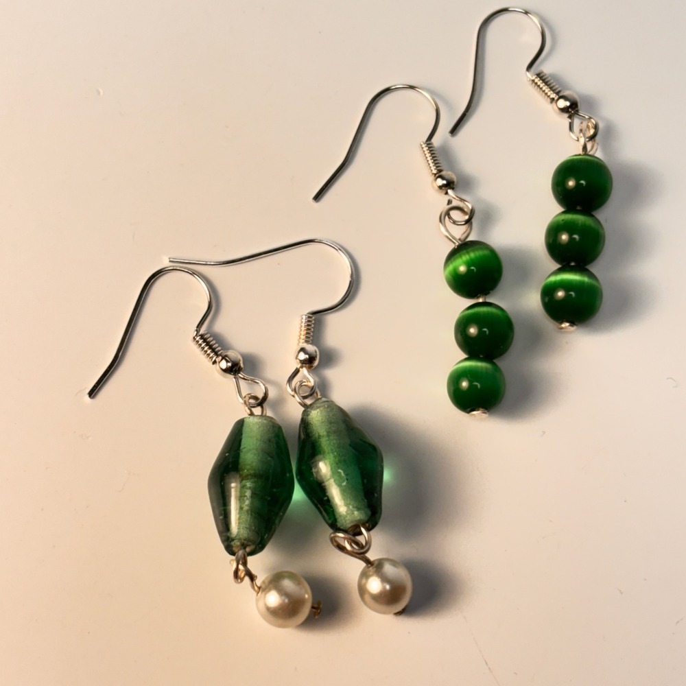 Handmade Glass Bead Earrings Green Boho Whimsygoth Statement Dangle Drop 2 Pairs
